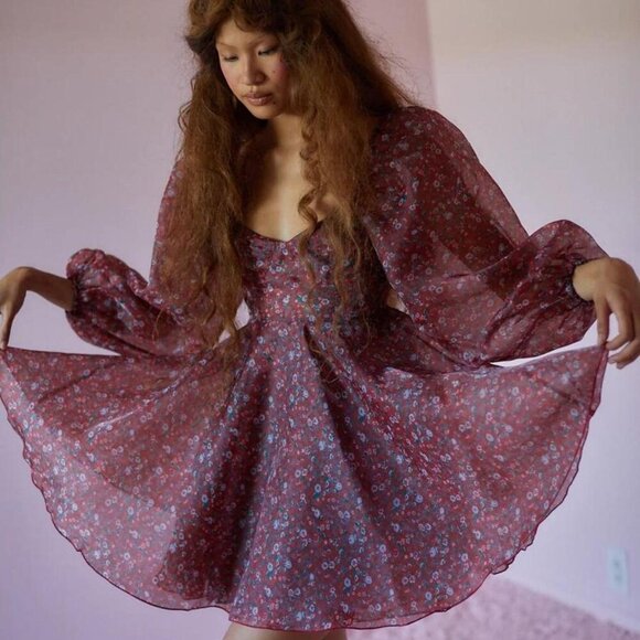 Selkie Princess Crimson Darling Red Floral Puff Sleeve Organza Mini Dress Size S - Picture 12 of 15